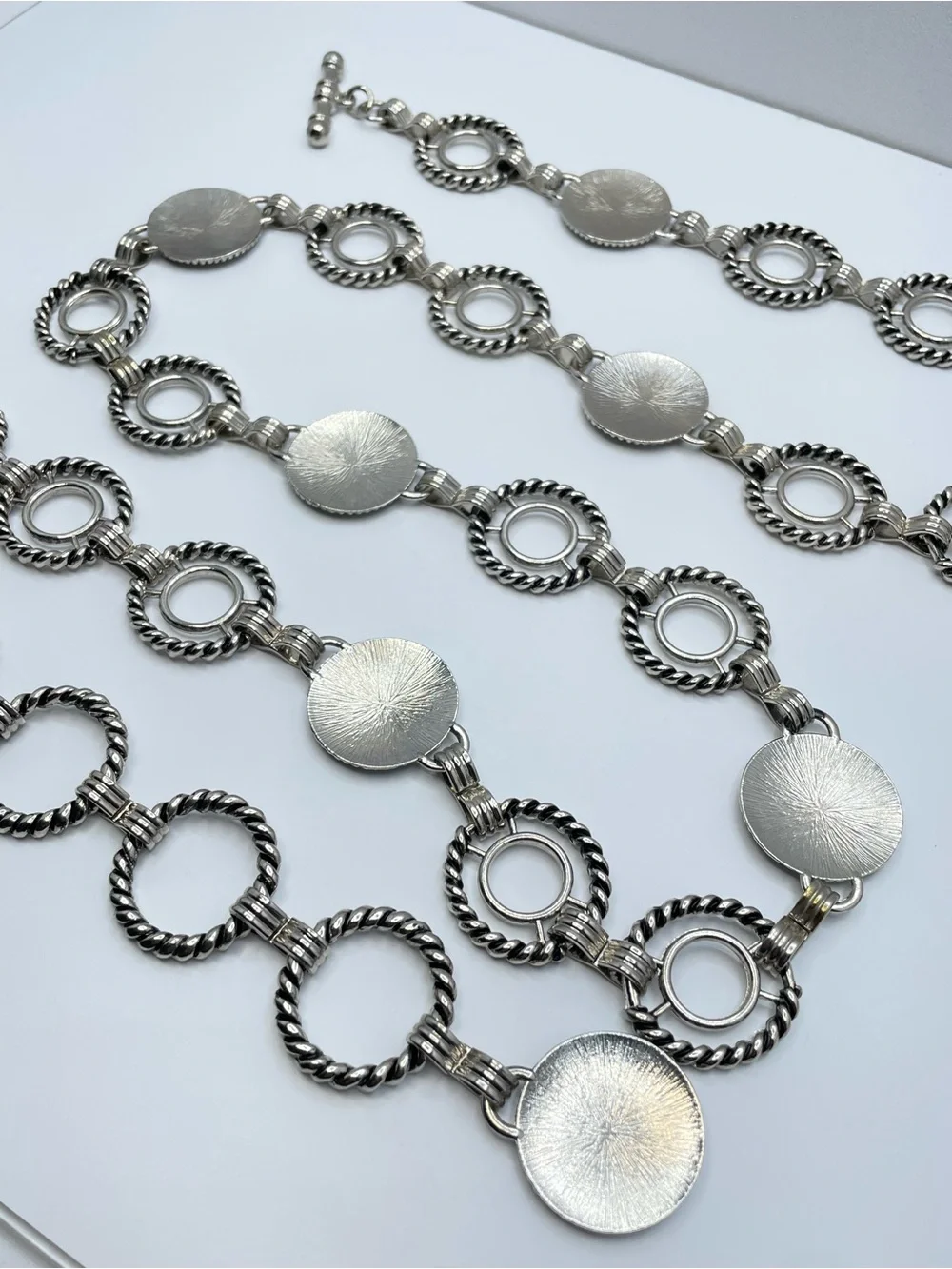 Silver Tone Metal Chain Link Belt 44” Boho Statement Cable Disc Toggle
